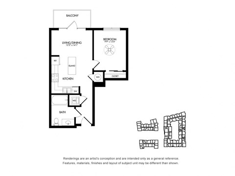 Floor plan for 1 bed, 1 bath, 566 sqft